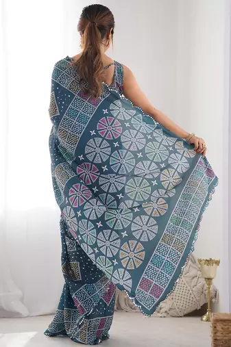 blue chinon silk blend print work with mirror work border designer saree