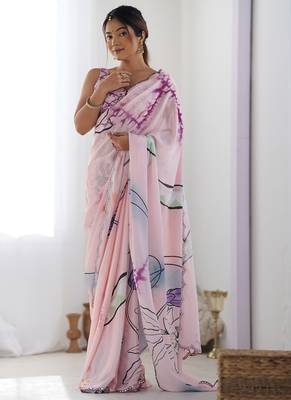 baby pink chinon silk blend print work with mirror work border designer saree 1