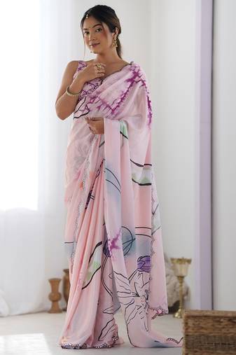 baby pink chinon silk blend print work with mirror work border designer saree