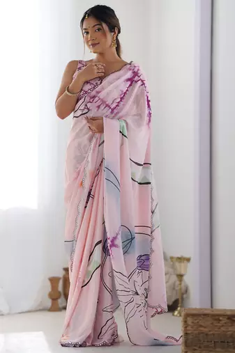 baby pink chinon silk blend print work with mirror work border designer saree