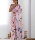 baby pink chinon silk blend print work with mirror work border designer saree