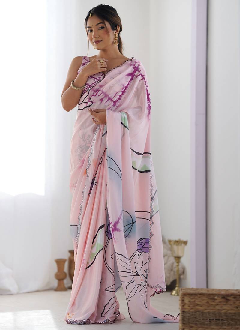 baby pink chinon silk blend print work with mirror work border designer saree