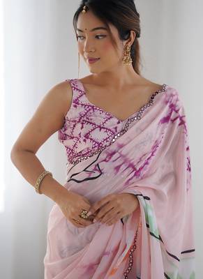 baby pink chinon silk blend print work with mirror work border designer saree 2