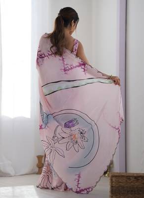 baby pink chinon silk blend print work with mirror work border designer saree 3