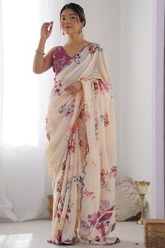 cream chinon silk blend print work with mirror work border designer saree