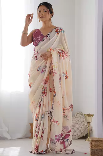 cream chinon silk blend print work with mirror work border designer saree