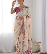 cream chinon silk blend print work with mirror work border designer saree