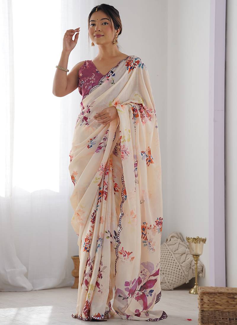 cream chinon silk blend print work with mirror work border designer saree