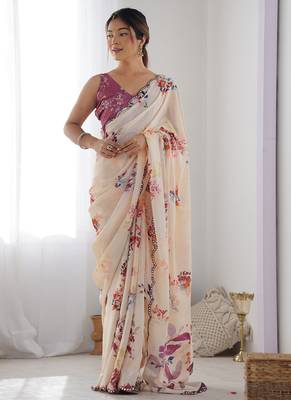 cream chinon silk blend print work with mirror work border designer saree 2