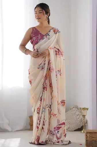 cream chinon silk blend print work with mirror work border designer saree