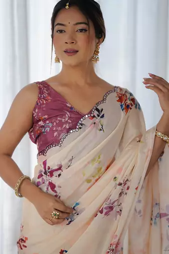 cream chinon silk blend print work with mirror work border designer saree