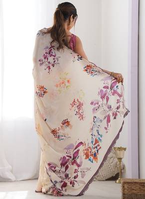 cream chinon silk blend print work with mirror work border designer saree 4