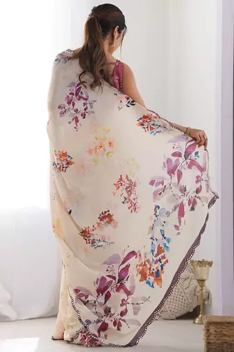 cream chinon silk blend print work with mirror work border designer saree