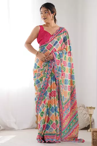 multi color chinon silk blend print work with mirror work border designer saree