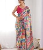 multi color chinon silk blend print work with mirror work border designer saree