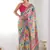 multi color chinon silk blend print work with mirror work border designer saree