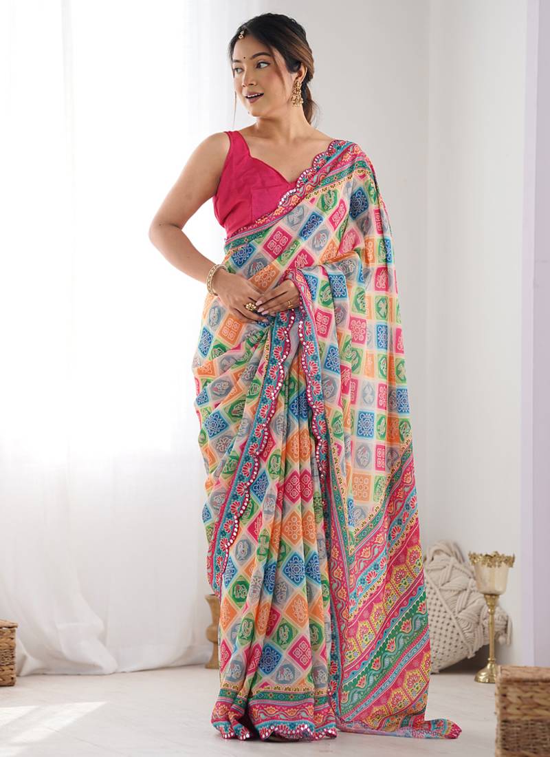 multi color chinon silk blend print work with mirror work border designer saree