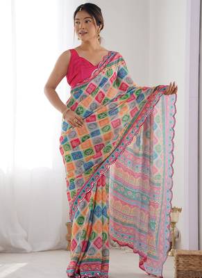 multi color chinon silk blend print work with mirror work border designer saree 2