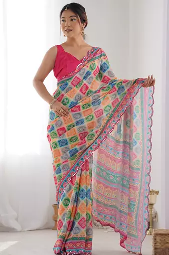 multi color chinon silk blend print work with mirror work border designer saree