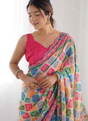 multi color chinon silk blend print work with mirror work border designer saree 3