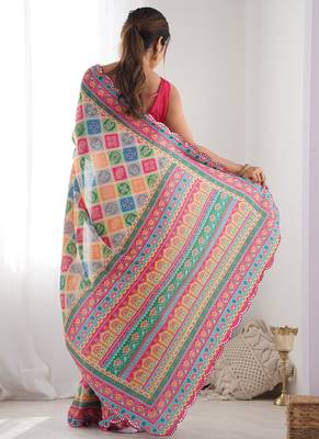 multi color chinon silk blend print work with mirror work border designer saree 4
