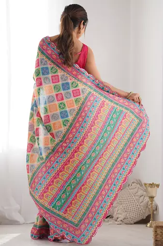 multi color chinon silk blend print work with mirror work border designer saree