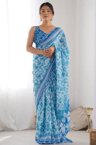 sky blue chinon silk blend print work with mirror work border designer saree
