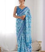 sky blue chinon silk blend print work with mirror work border designer saree