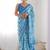 sky blue chinon silk blend print work with mirror work border designer saree