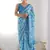 sky blue chinon silk blend print work with mirror work border designer saree