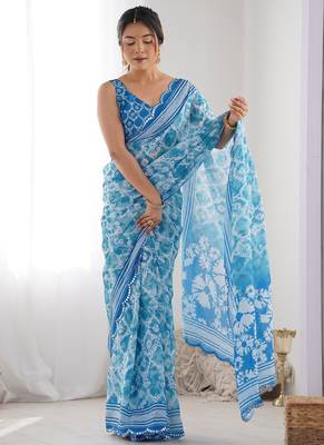sky blue chinon silk blend print work with mirror work border designer saree 2