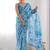 sky blue chinon silk blend print work with mirror work border designer saree