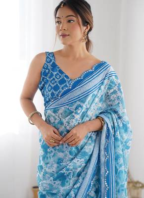 sky blue chinon silk blend print work with mirror work border designer saree 3