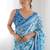 sky blue chinon silk blend print work with mirror work border designer saree