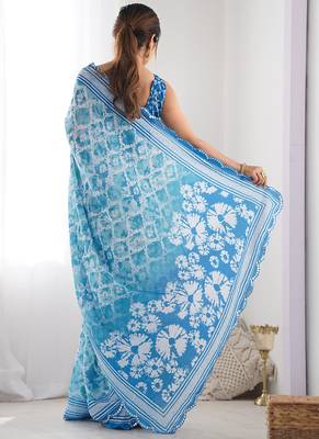 sky blue chinon silk blend print work with mirror work border designer saree 4