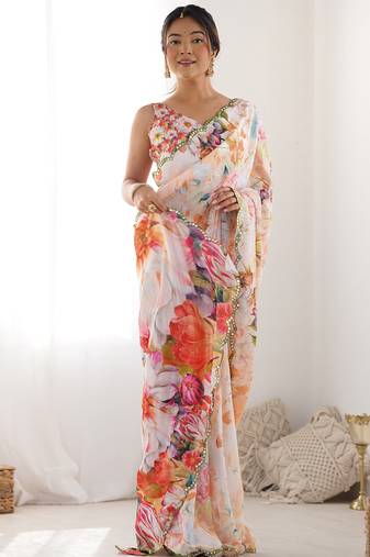 off white chinon silk blend print work with mirror work border designer saree