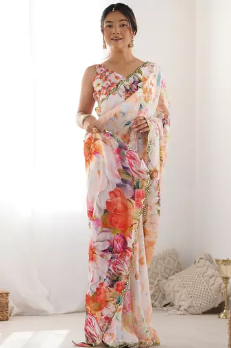 off white chinon silk blend print work with mirror work border designer saree