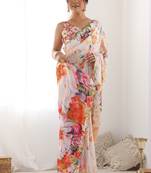 off white chinon silk blend print work with mirror work border designer saree