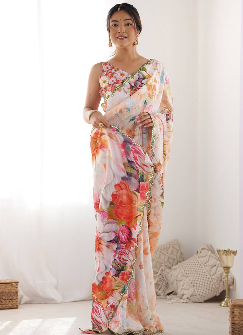 off white chinon silk blend print work with mirror work border designer saree