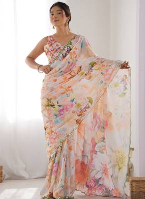 off white chinon silk blend print work with mirror work border designer saree 2