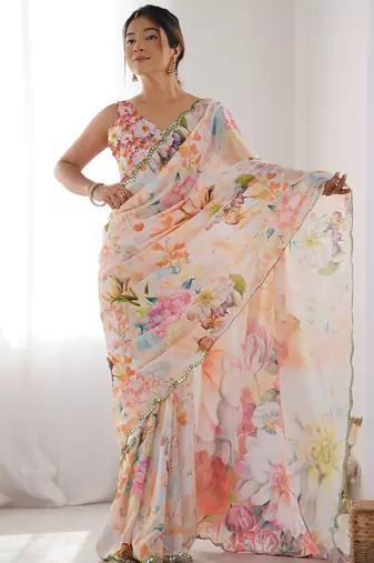 off white chinon silk blend print work with mirror work border designer saree