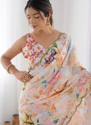 off white chinon silk blend print work with mirror work border designer saree 3
