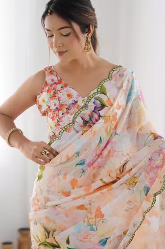 off white chinon silk blend print work with mirror work border designer saree