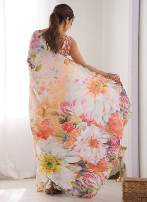 off white chinon silk blend print work with mirror work border designer saree 4