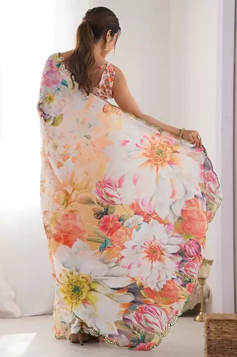 off white chinon silk blend print work with mirror work border designer saree
