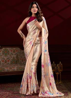 cream satin silk blend digital printed pearl lace border work saree 1