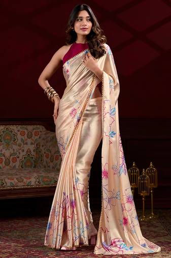 cream satin silk blend digital printed pearl  lace border work saree