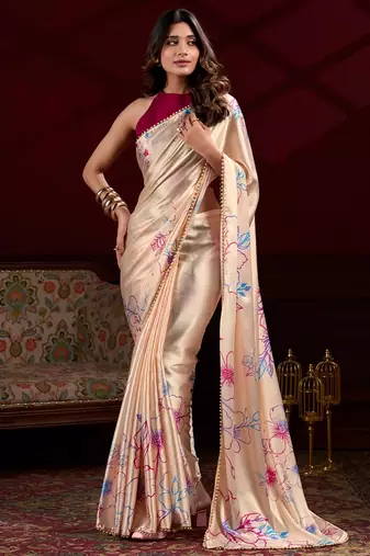 cream satin silk blend digital printed pearl  lace border work saree