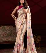cream satin silk blend digital printed pearl lace border work saree