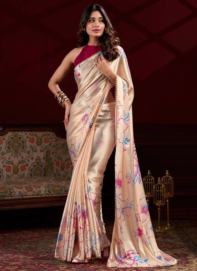cream satin silk blend digital printed pearl  lace border work saree